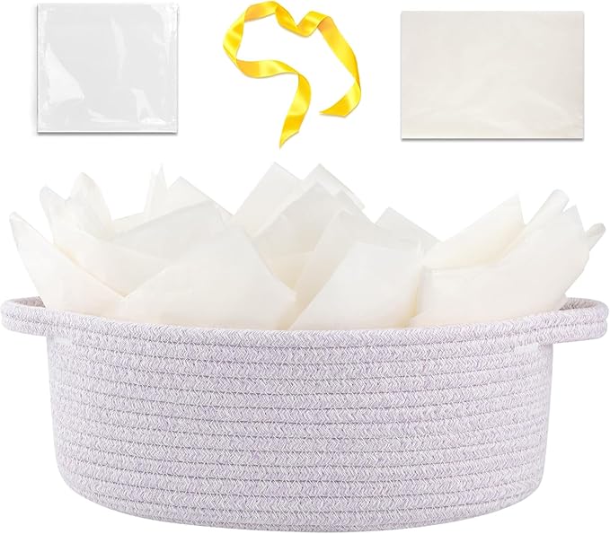 OIAHOMY Gift Basket with Handle, Small Woven Basket with Gift Bag, Ribbon and Wrap Tissue Paper, Nursery Bins Empty to Fill with Small Items, Baby, Pet Toy Organizer - Purple