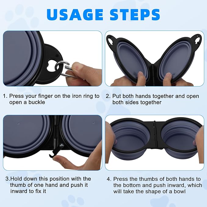 Collapsible Dog Dual Bowls, 2-in-1 with Locking Clip for More Stability 180 Degree Flip Portable Dog Travel Bowl for Water and Food Pet Food Drinker (Dark Blue)