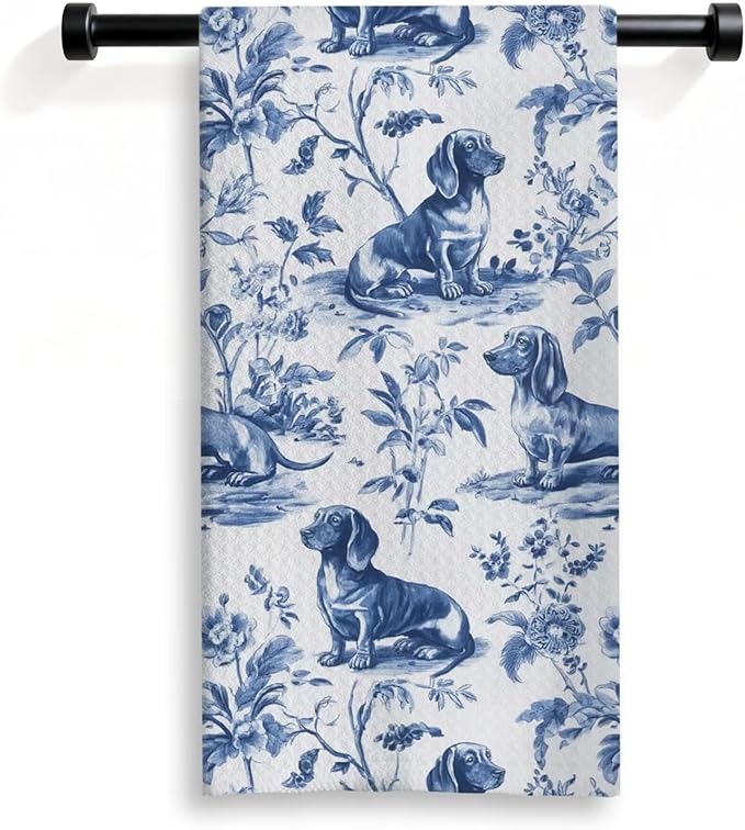 Dachshund Kitchen Dish Towels,Blue and White Floral Dog Towel Dish Tea Towels, Chinoiserie Decor for Kitchen Bathroom,Weiner Gifts for Dog Lover Mom Dad,16x24 Inch
