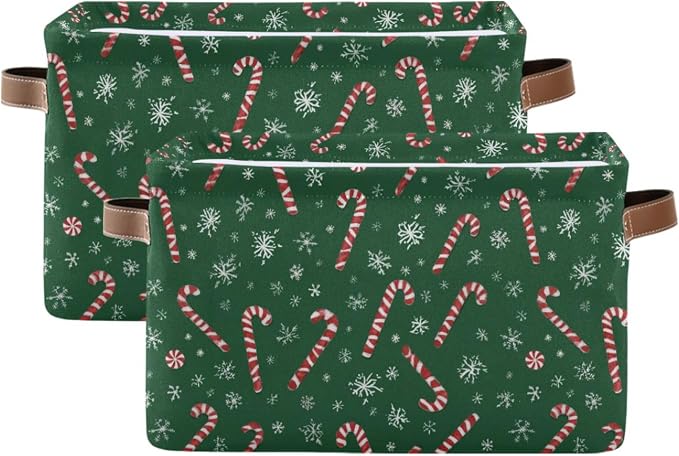 Wamika Christmas Green Storage Basket with Waterproof Liner and PU Handles Winter Candy Cane Snowflake Storage Boxes 14.2" Collapsible Decorative Organizer Baskets for Bedroom Closet Office 2 Pack