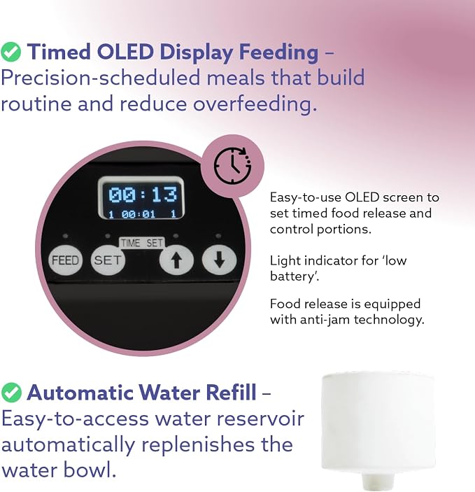 Feeding Friend® Automatic Dog & Cat Food Feeder with Water Dispenser, Smart Portion Control, OLED Display, Anti-Jam Design, Battery Operated, XS 4–15 lbs Pets, Black