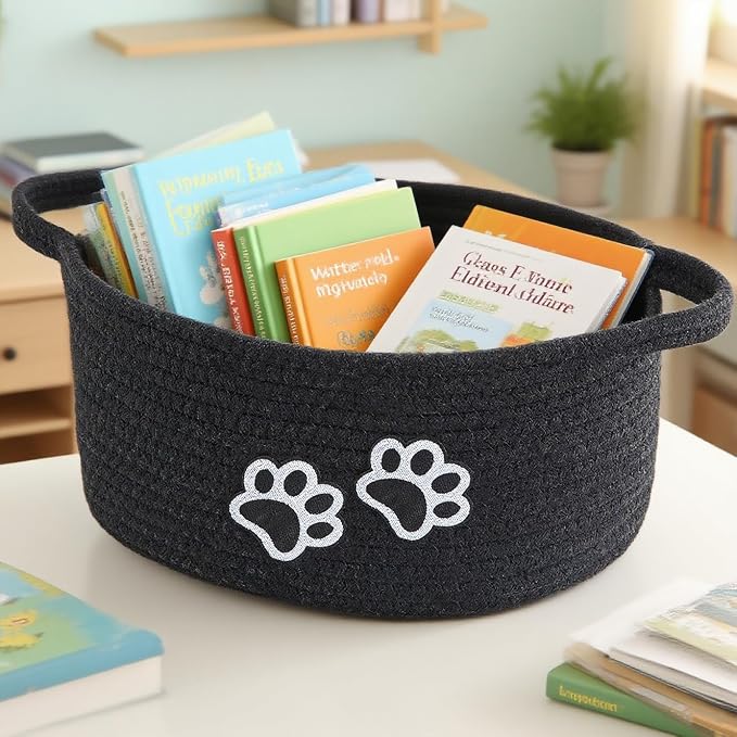 Small Woven Cotton Rope Nursery Organizer Bins, Dog Toy Basket Bins with Handle, Cute Empty Pet Gift Storage Baskets with Paw