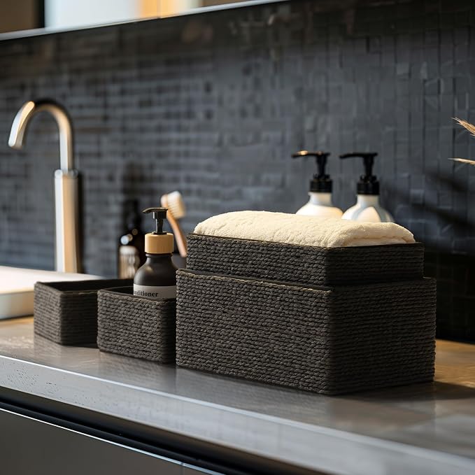 LA JOLIE MUSE Bathroom Basket Organizers, Paper Rope Storage, Black 4 Pack