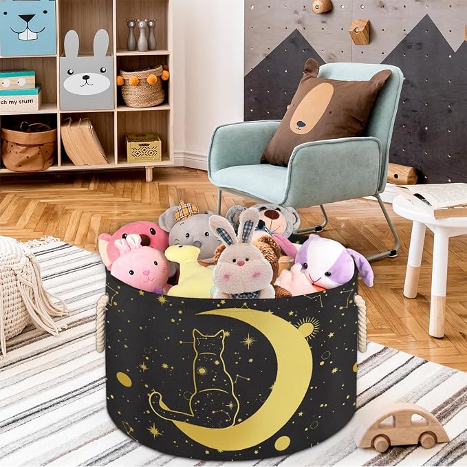 Storage Baskets - Moon Large Nursery Organizer Bin Box with Handles Collapsible Round Black Cat Laundry Hamper for Kids Boy Toys Pet Blanket, Bedroom Living Room Home Decor Gift Basket (19.4"x13.3")