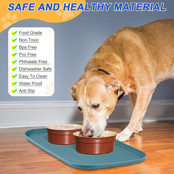 SMILOOL Silicone Pet Feeding Mat with Raised Edge for Food and Water, Dog Bowl Mats, Cat Bowls Placemat with High Lip for Floor Waterproof, Rubber Tray for Cats and Dogs 24 x 16 x0.8 Slate Blue