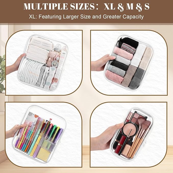 15 Pack Clear Hard Shell Zipper Case with 40 Labels, X-Large/Medium/Small Stackable Clear Pouches, Crush-resistant Travel Toiletry Bag Organizer for Makeup Board Games Electronics (White)