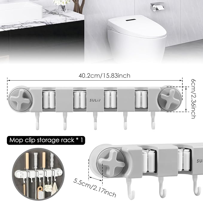 Broom Holder Wall Mount Sturdy Mop and Broom Organizer with 4 Racks and 5 Hooks Vacuum Suction Cup Broom Mop Holder for Home, kitchen, Garden, Tools, Garage (grey)