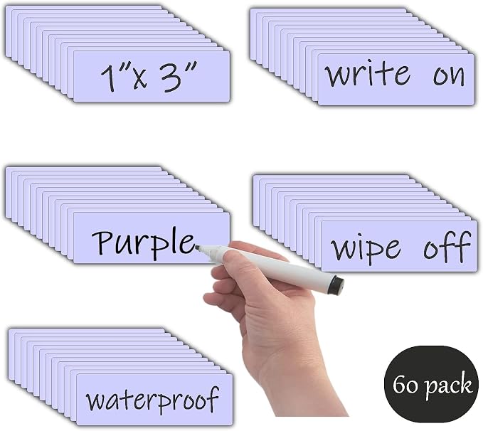 Magnetic Dry Erase Magnets Labels(1x3,Pack of 60) Reusable Name Tags,Organizing Schedules in Office/Classroom.Work on Fridge/White Board,Pastel Colors(Light Purple)