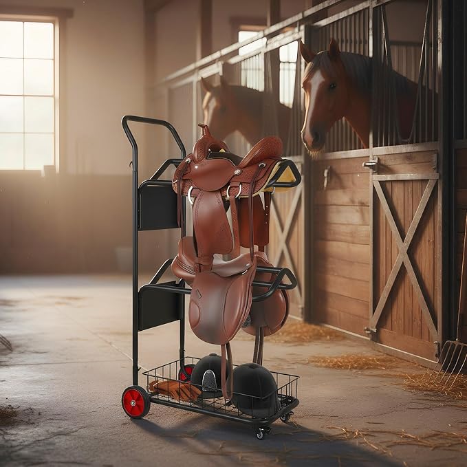 Horse Saddle Cart with Storage Basket 3 Tier Rolling Heavy | Heavy Duty Organizer for Stable Barn Tack Room Moving Transport Supplies