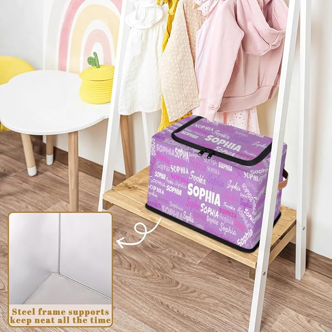 Personalized Storage Basket with Name, Lavender Purple Rectangle Toys Storage Bin with Handles Zipper Lid for Baby, Boys, Girls, Collapsible Basket for Clothes, Books