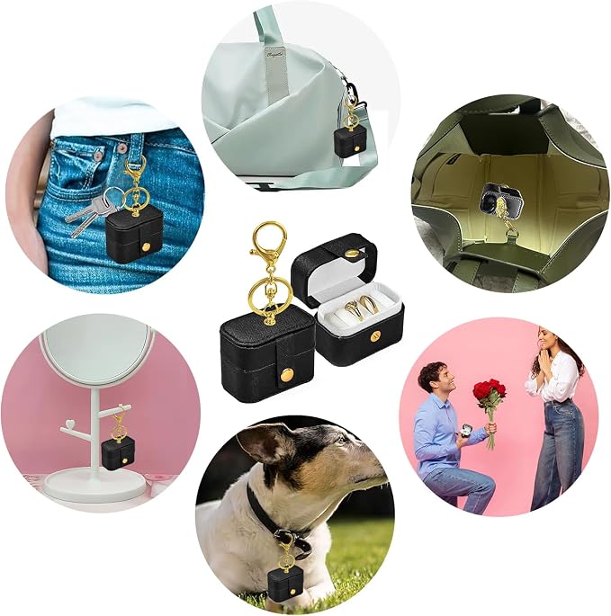 Wedding Dog Ring Bearer Pillows Box, PU Leather Travel Mini Ring Holder Pouch with Keychain Clip& Buckle Closure, Bridesmaid Gifts Jewelry Storage Organizer Case for Women Girls(Black)