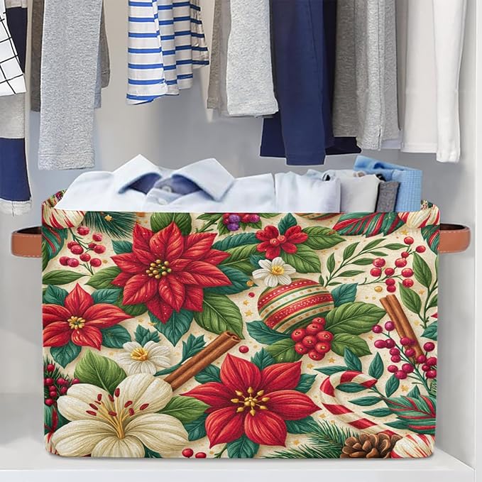 Christmas Basket Storage Bins Rectangle Canvas Basket Cube Storage Box | Nursery Foldable Basket with Handle for Kids Girls Boys Toys Living Room Closet Organizer Shelf Gifts Poinsettia Bell
