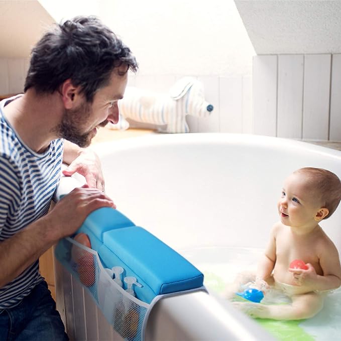 beiens Bath Kneeler and Elbow Rest Pad Set, 1.5'' Thick Quickly Dry Kneeling Pad and Elbow Support, Support Large Baby Bathtub Bath Mat Kneeling Pad with Toy Organizer for Baby Bathing Time (Blue) | Quick-dry Non-slip Bathtub Kneeling Pad with 6 Suctio...
