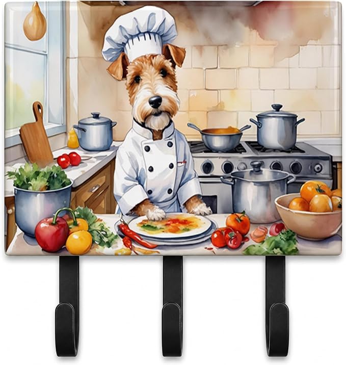 Caroline's Treasures Fox Terrier The Chef Leash or Key Holder Wall Hooks, Key Hooks Holder, Coat Rack Wall Mount, Coat Hooks, Hooks for Hanging Keys, Towels, Aprons, Leashes | Fox Terrier The Chef artwork on ceramic tile with three steel hooks for keys...