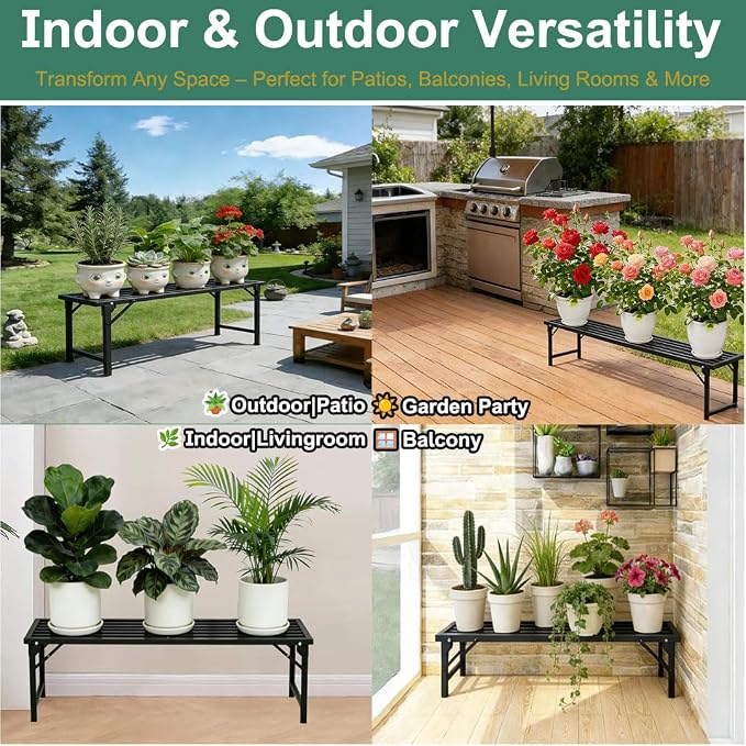 Foldable Plant Stand, No Assembly Heavy Duty Iron Plant Shelf, Rustproof Single Tier Plant Rack for Indoor Outdoor, Long Narrow Flower Stand for Patio Balcony Garden Living Room, L33" xH11.7"x W9.7"