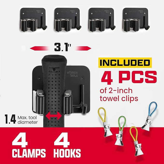 4 Pack Wall Mount Hanger for Brooms & Mops - Heavy Duty Adhesive SUS304 Stainless Steel Broom Holder with 1 Clamp, 1 Hook, & 4 Towel Hangers for Small Nooks & Utility Closet Organization