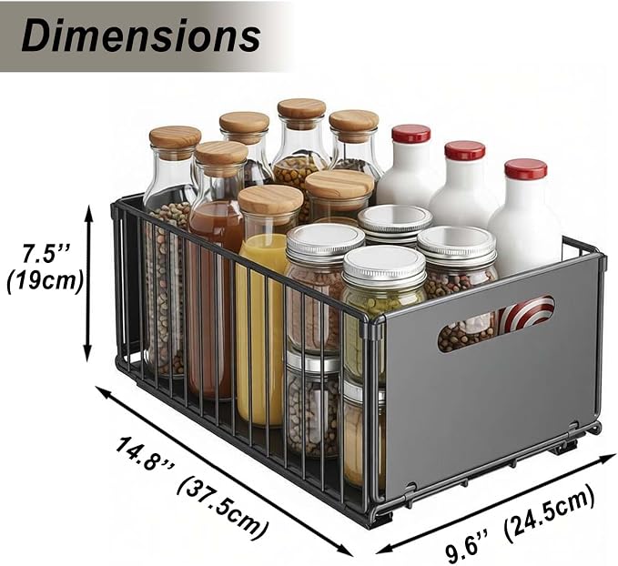 Sliding Pull-Out Cabinet Organizer 9.6"x14.8"x7.5" Black Heavy Duty Carbon Steel Drawer with Adhesive Rails, No Drill Storage Solution for Pantry/Closet