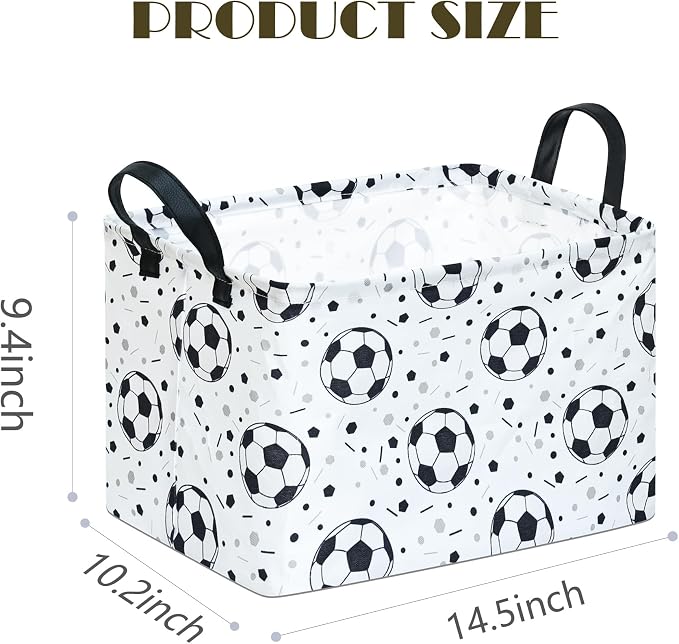 Kids Storage Basket with Soccer Print, 14.5" x 10.2" x 9.1", Waterproof with Leather Handles, Collapsible Rectangular Bin for Boys Sports Gear, Toys & Laundry