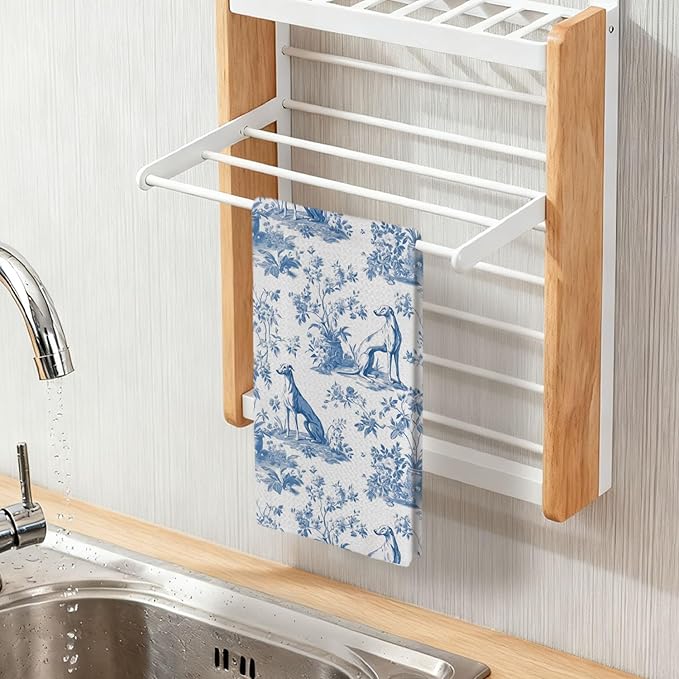 Greyhound Kitchen Dish Towels,Blue and White Floral Dog Towel Dish Tea Towels,Chinoiserie Decor for Kitchen Bathroom,Greyhound Gifts for Dog Lover Mom Dad,16x24 Inch