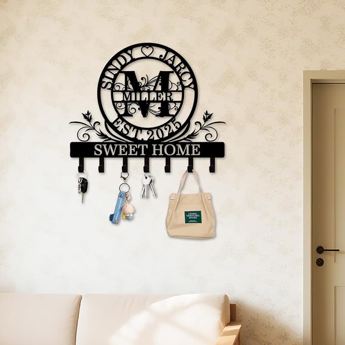 Personalized Monogram Key Holder for Wall, Custom Family Name Hooks | Monogram name design with rust-resistant metal, free hardware, ideal for new home, wedding, couples and housewarming