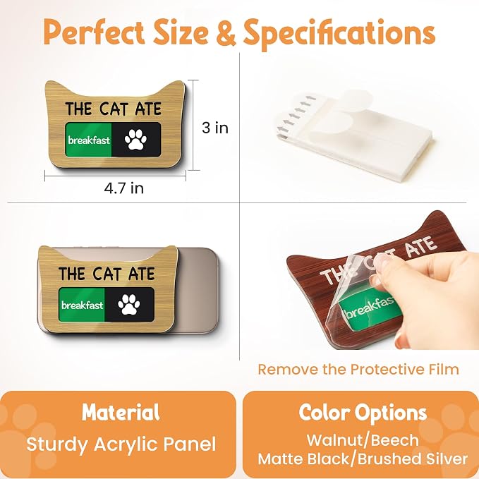 Cat Feeding Reminder Sign, Magnetic Pet Fed Schedule Chart with Slider, Breakfast & Dinner Tracker for Fridge, Prevent Overfeeding, Unique Cat Ear Shape Acrylic Sign, 4.7" x 3", Black