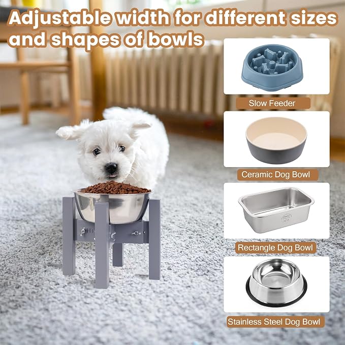 Elevated Dog Bowl Stand Adjustable Dog Food Holder 7”H Small Grey | 7” Elevated Dog Bowl Stand, Small Dogs, Adjustable, Fits 6”-8” Bowls, Single Bowl Holder, Natural Bamboo, Classic Grey