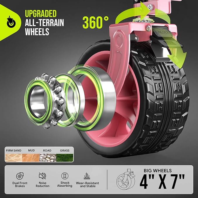 48'' Extra Large Collapsible Wagon with Big Wheels, 300L Pink | 560LBS Heavy Duty, Wagons Carts Foldable, All-Terrain, Brakes, Folding Cart, Utility for Beach/Camping/Garden/Sports/Grocery