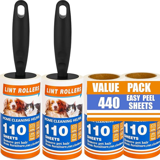 Lint Roller 440 Sheets with 2 Extra Handles, Pet Hair Remover for Laundry, Extra Sticky Lint Rollers for Pet Hair on Clothes, Furniture, Car - Dog & Cat Hair Removal Tool