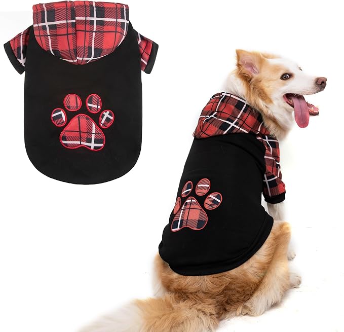 KOOLTAIL Plaid Dog Hoodie Pet Clothes Sweater with Hat and Pocket for Small Medium Large Size Dogs, Soft Winter Warm Dog Cold Weather Coat, Fleece Fall Dog Hooded Sweatshirt for Puppy Cats, Red L