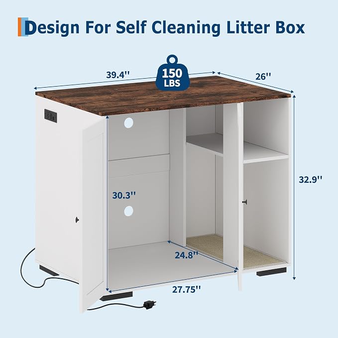 Large Robot 4 Litter Box Enclosure Cabinet with Built-in Power Outlet | Automatic Self‑Cleaning Litterboxes Furniture, Dog‑Proof Shelf, Robot Cabinet for Litter Box White
