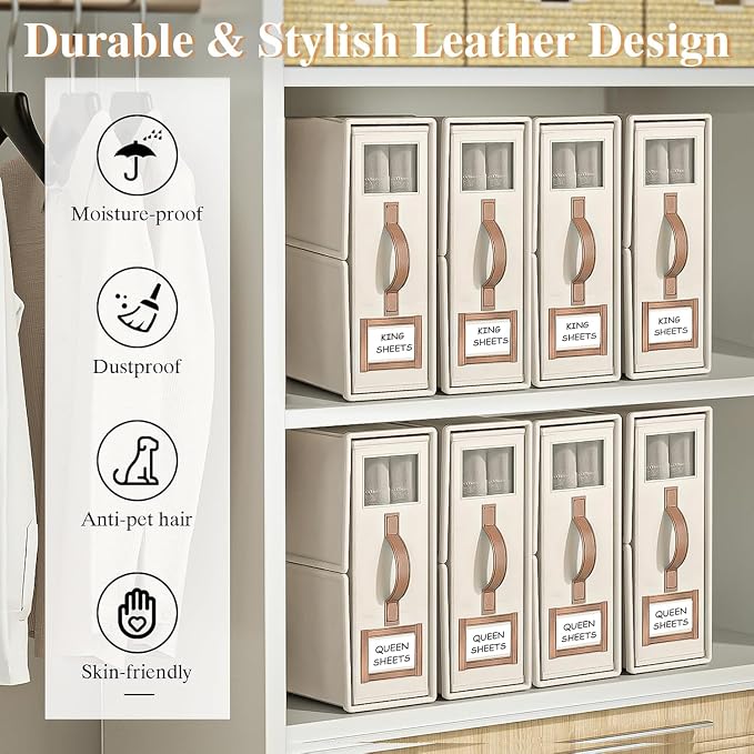8 Pack Bed Sheets Organizers And Storage,Sheets Set Folder Keeper with Handle,Foldable Bedding Storage Box For Linen Closet,Duvet Cover(King Size-3.7 Gal,Beige)