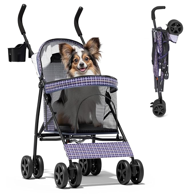 Magshion Compact Fold Pet Travel Stroller for Small Dogs Cats, Plaid | Up to 22lbs, 4-Wheel Lightweight Umbrella Shaped Design, Safety Tethers, Breathable Mesh, Cup Holder & Rear Storage