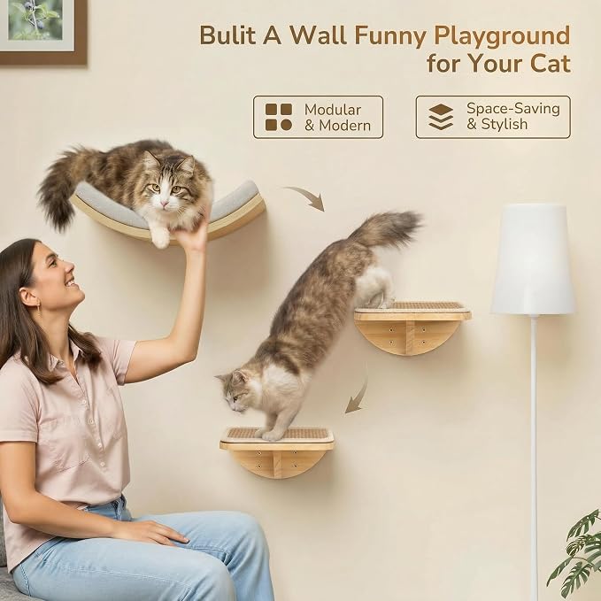 Cat Wall Shelves with Sisal Pads, 4-Piece Wooden Cats Furniture Set with Cat Window Perch, Flat Shelf & Sisal-Clad Steps for Climbing and Scratching
