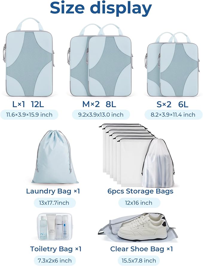 Bagsmart Compression Packing Cubes, Travel Bag Cruise Ship Essentials | Lightweight, Compressible Suitcase Organizer Set fit Standard Carry-On & Checked Luggage, 6 Set, 14 Set Washable Packing Bags
