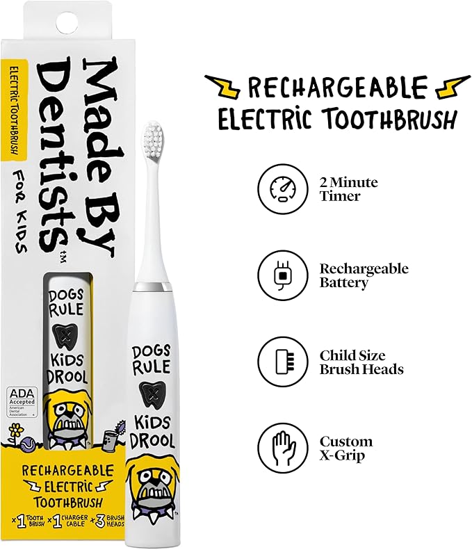 Made by Dentists Kids Electric Toothbrush - Rechargeable Vibrating Toothbrush with Timer, Includes 6 Replacement Heads, Gently Cleans Teeth, Kid & Toddlers Age 2+, (Bulldog)