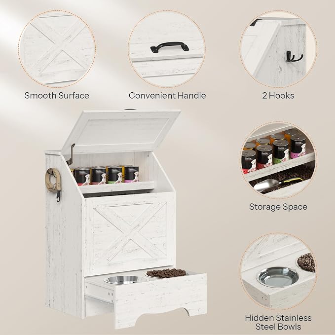 HOOBRO Dog Feeding Station with Sliding Drawer and 2 Hidden Bowls, Pet Feeding Station with Flip-Up Door, Dog Food Storage Cabinet with 2 Hooks for Living Room and Bedroom, Cloud White WT03PO03