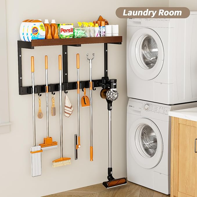 Broom and Mop Organizer Wall Hanging, Broom Hanger Holder Wall Mount | 3-in-1 Mop and Broom Holder Wall Mount with Storage Shelf & Vacuum Organizer,5 Racks,5 Hooks for Garage,Kitchen,Laundry Room