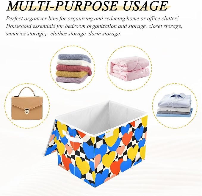 Heart Check Fabric Storage Bins with Lids Closet Bedroom 40L Storage Basket | Decorative Storage Boxes, Foldable & Stackable, Dust-Proof Flip Top, Reinforced Handles, For Home & Dorm, Clothes & Toy Box