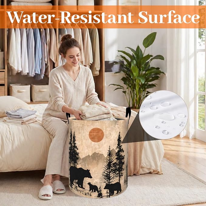 Vintage Bear Laundry Basket, Mountain Forest Wildlife Oxford Cloth Dirty Clothes Collapsible Hamper for Room Decor, Rustic Gifts, Toy Organizer 19.7 x 15.7 Inches for Bedroom Bathroom Dorm