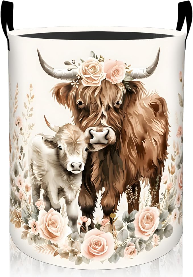 Highland Cow Laundry Basket, Floral Farm Animal Foldable Oxford Cloth, Waterproof Dirty Clothes Hamper with Handles, Clothing Storage Bin Toy Organizer for Bedroom Dorm Bathroom, 19.7"x15.7"