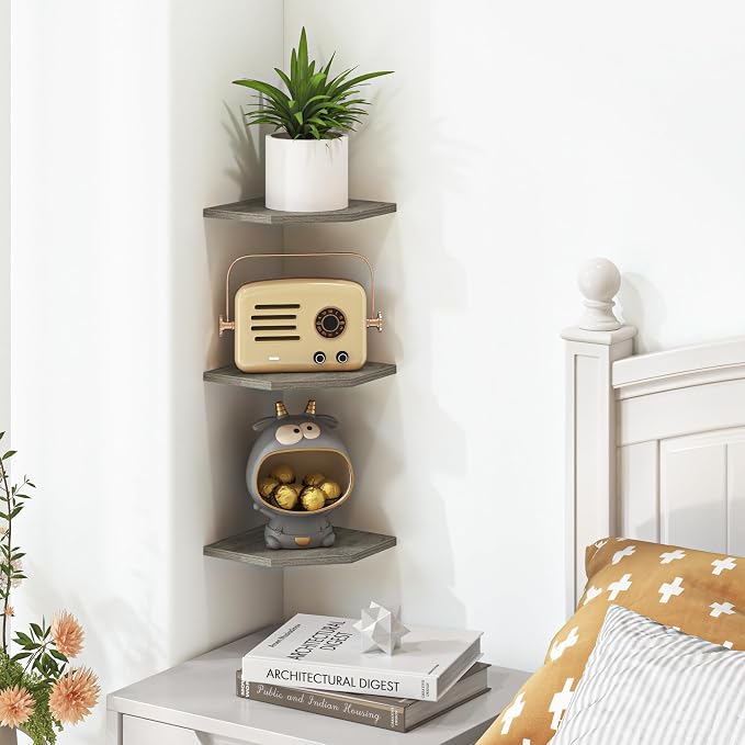 Fun Memories Corner Shelf Wall Mount, Floating Corner Shelves, Set of 3 Corner Wall Shelf Organizer, Rustic Wood Wall Storage Display Shelves for Living Room Bedroom Bathroom Kitchen, Rustic Grey