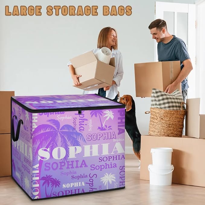 Personalized Storage Bins with Lid, Customized Name Jumbo Storage Basket Rectangle Clothes Organizer for Organizing Kids and Pets Toys Shelf Closet, Gradient Purple Tropical Trees Summer