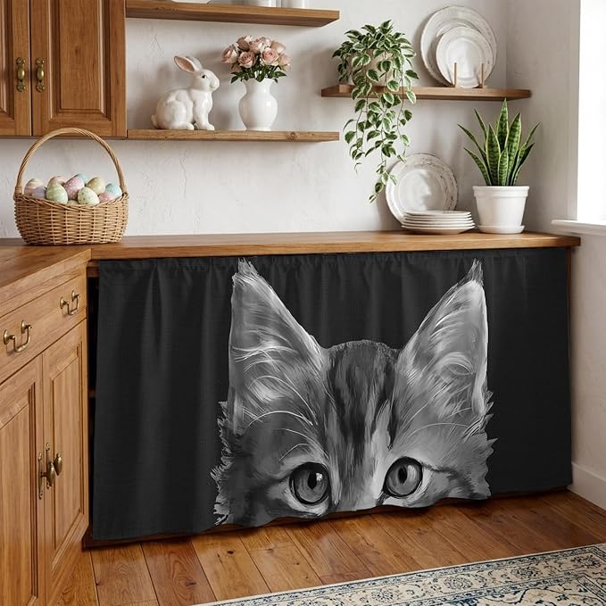 Black Cat Cabinet Curtain 28"Wx51"L,Dustproof Storage Cabinet Curtain with Self Adhesive Tape,Cute Pets Eyes Fur Vintage Oil Painting Tall Pantry Cover Drape for Kitchen,Laundry Room,Utility Closet