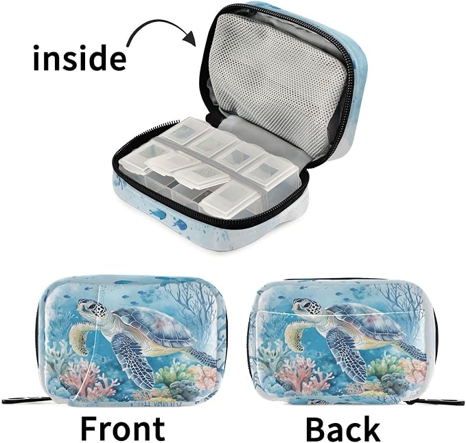 Fustylead Watercolor Sea Turtle and Coral Fish Pill Organizers 2 Times A Day Pill Case Bag with Zipper Portable Weekly Pill Dispensers for Vitamin Supplement