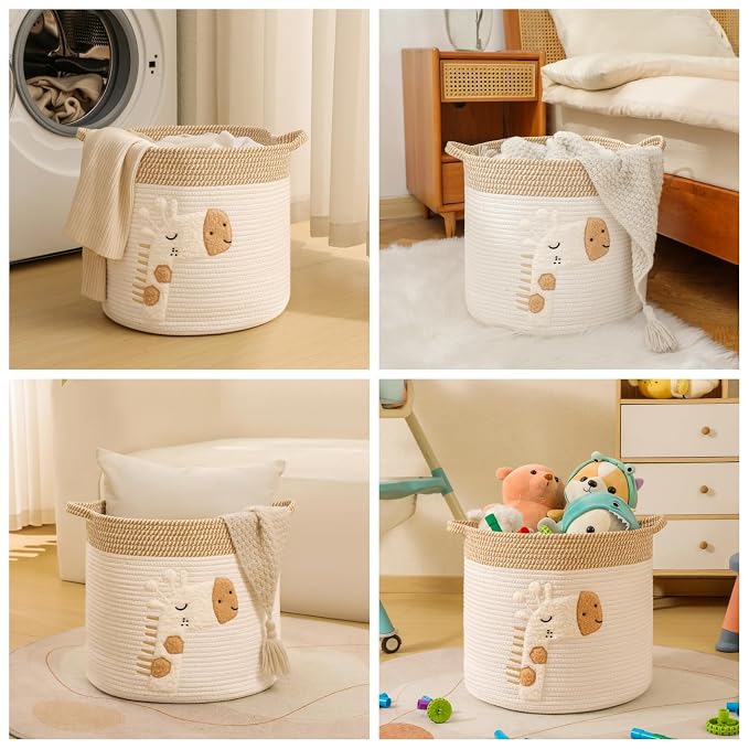 Large Blanket Baskets for Living Room Decor, Toy Storage Baskets 14" x 14" Woven Cotton Rope Basket for Kids, Dog Toys Organizer Clothes Hamper with Embroidery Decor for Nursery Laundry, Giraffe