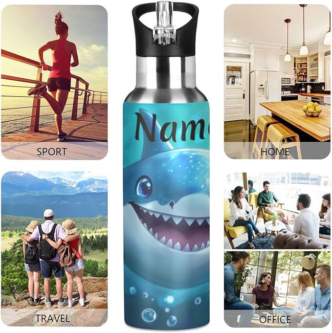 Custom Name Cute Blue Shark Bubbles Water Bottle with Straw Lid Kids Insulated Stainless Steel Water Flask Sports, 20 Oz Hot Cold