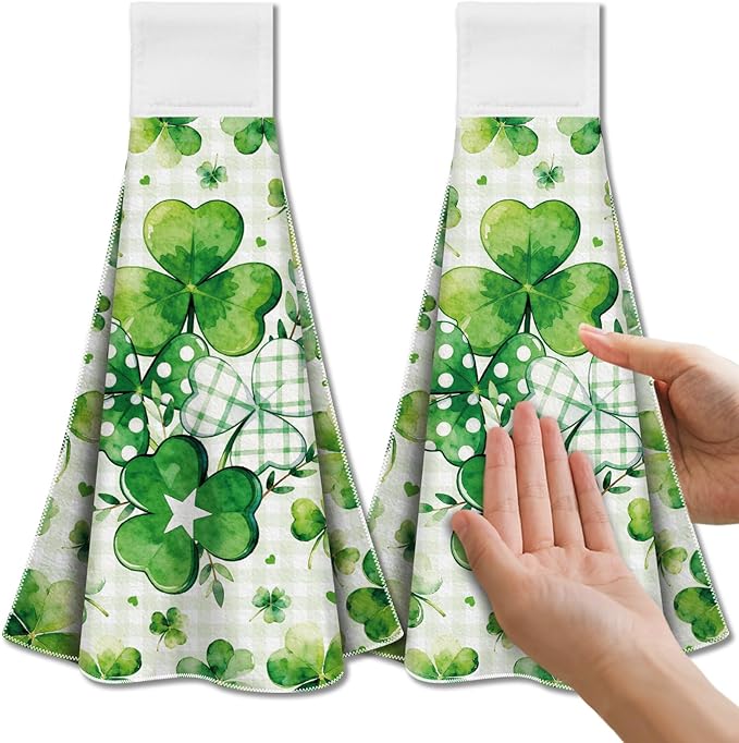 CUTHOLLOW Clover Print Hanging Kitchen Towels with Loop, Set of 2 - Soft & Super Absorbent Microfiber Decorative Dish & Hand Towel, Tea, Coffee Towel for Kitchen Bathroom Oven Handle