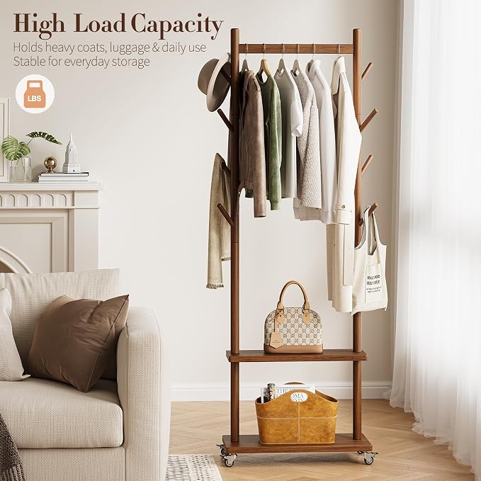 Yoobure Solid Wood Coat Rack Freestanding - Rolling Clothes Rack with 8 Hooks & Shelves, Small Clothing Rack with Wheels, Heavy Duty Clothing Racks for Hanging Clothes, Portable Hall Tree for Entryway