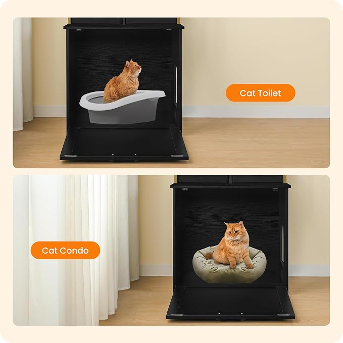 Dwanton Cat Litter Box Enclosure, 2 Storage Shelves and 2 Drawers, 50" H | 2-in-1 Hidden Cat Litter Box Enclosure Furniture with Shelf, Metal Frame, Reversible Entrance, Washable Drawers, Black+Gold