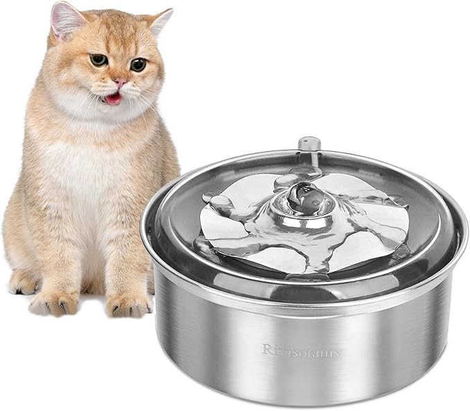 Small 1L Cat Water Fountain Stainless Steel, Quiet Drinking Bowl Dispenser for Indoor Pets and Dog, BPA Free, Easy to Clean,No Adapter Included